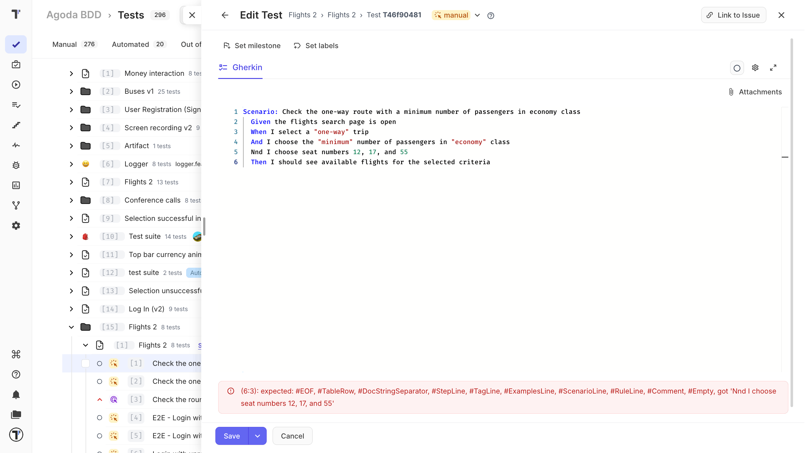 Syntax error message example in the Gherkin test