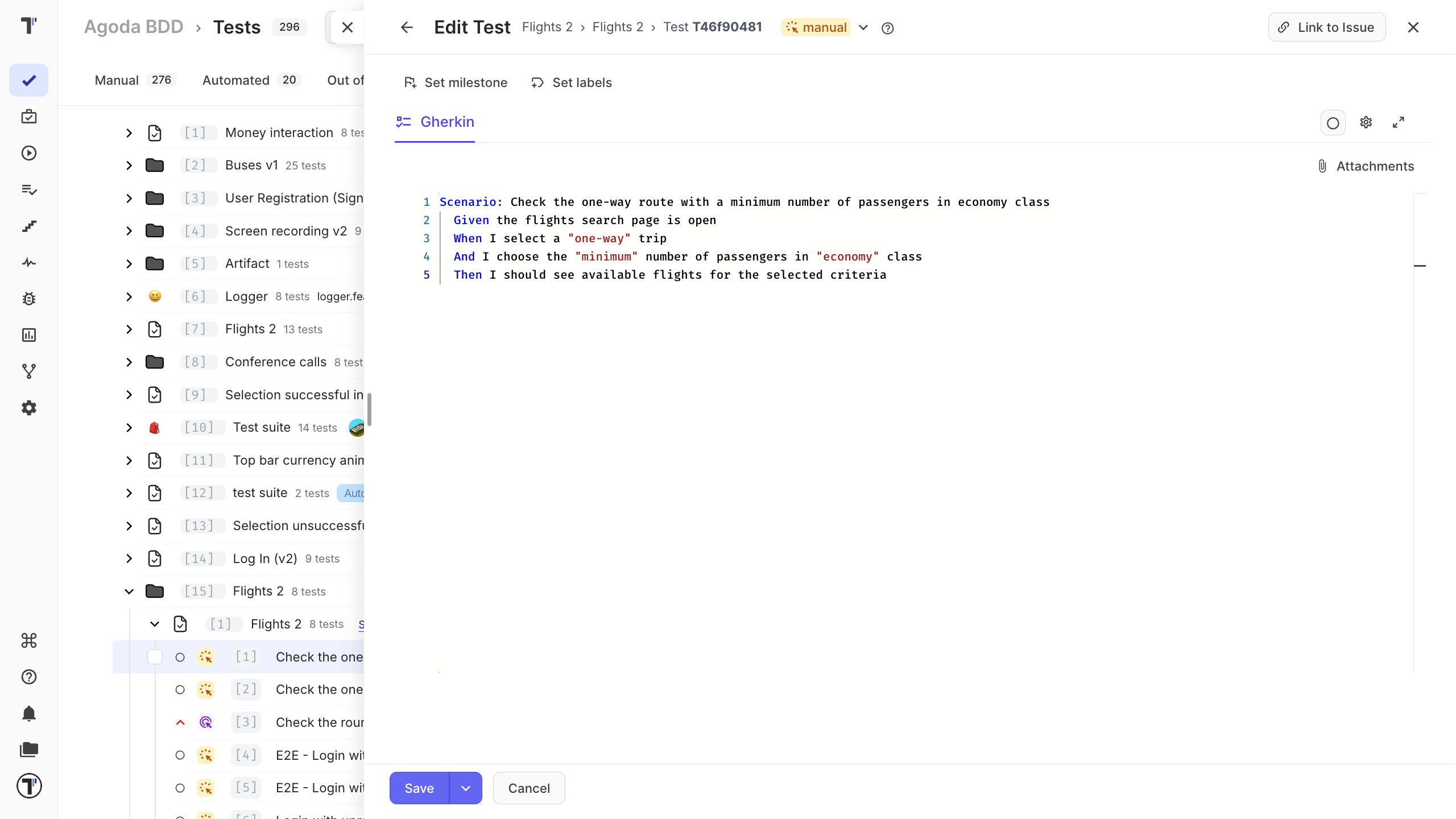 The BDD scenario editor in edit mode, with the controls numbered