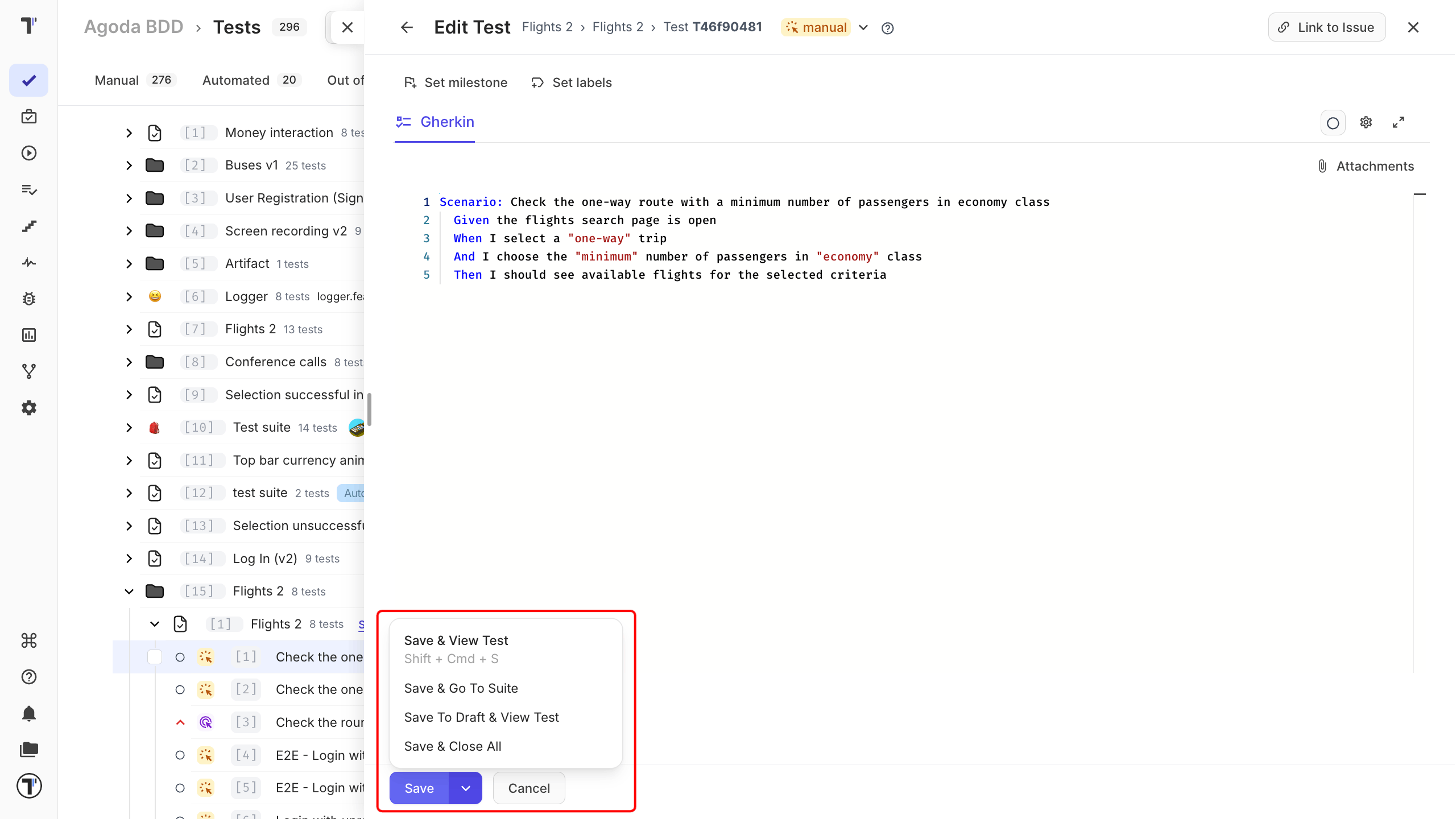 The Save to Draft and View Test option in the save menu